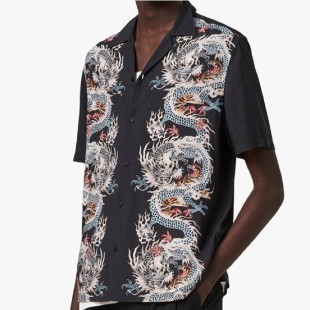 All Saints Dragonstone Graphic Relaxed Fit Jet Black Short Sleeve Shirt Size XS